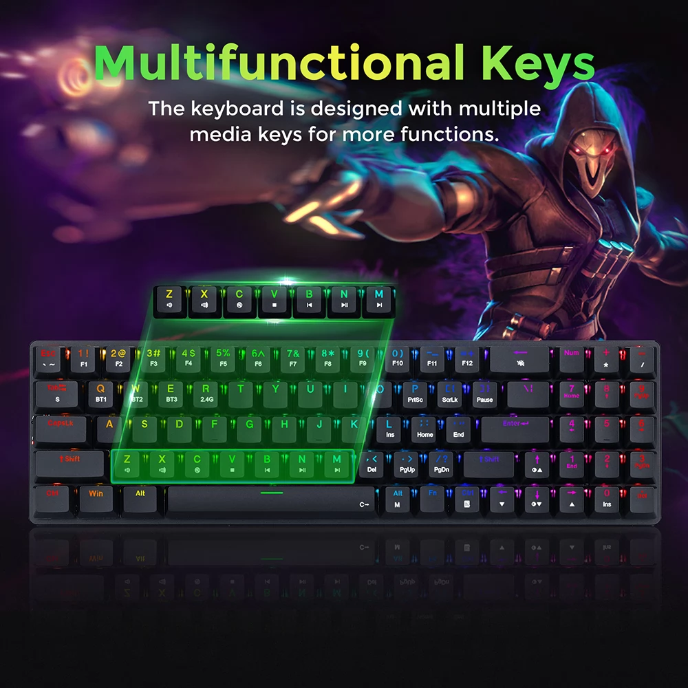 Redragon Ashe Pro K626P-KBS Mechanical Keyboard Tenkeyless 78 Keys Tri-Mode Connection USB Bluetooth Wireless RGB