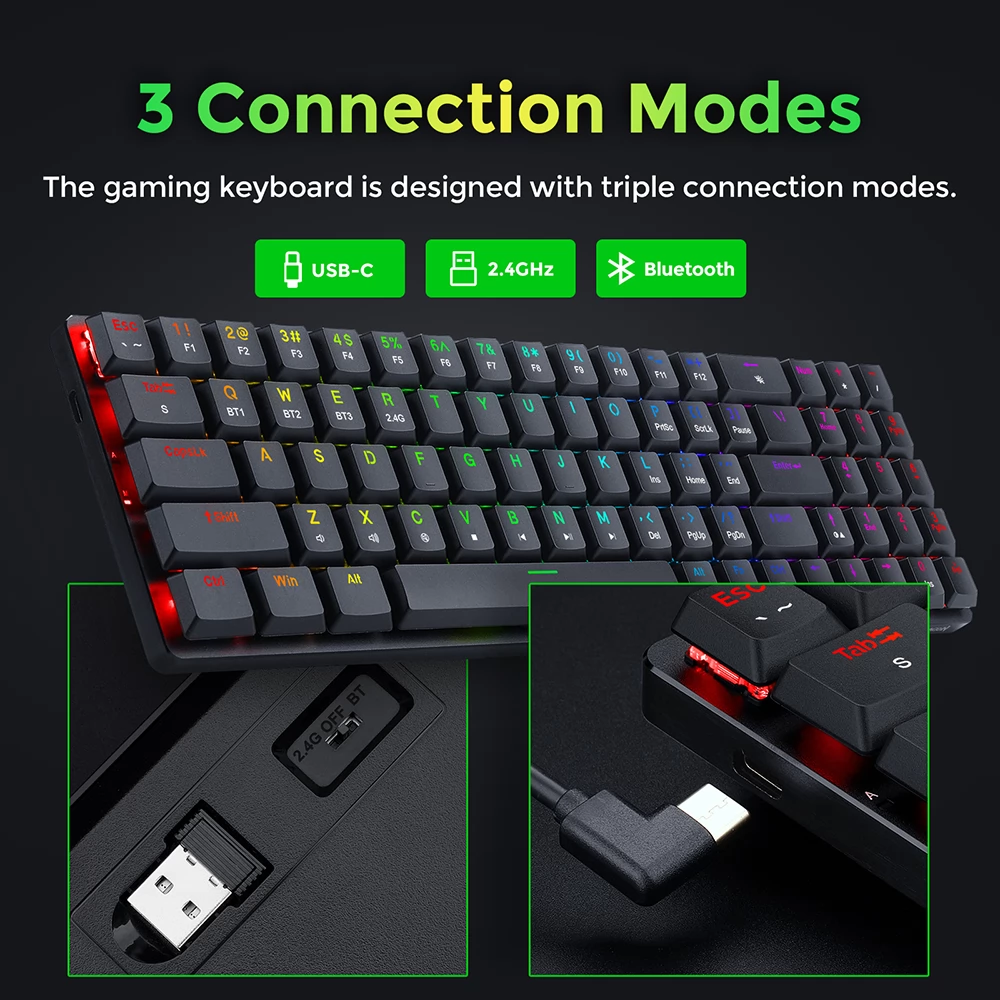 Redragon Ashe Pro K626P-KBS Mechanical Keyboard Tenkeyless 78 Keys Tri-Mode Connection USB Bluetooth Wireless RGB