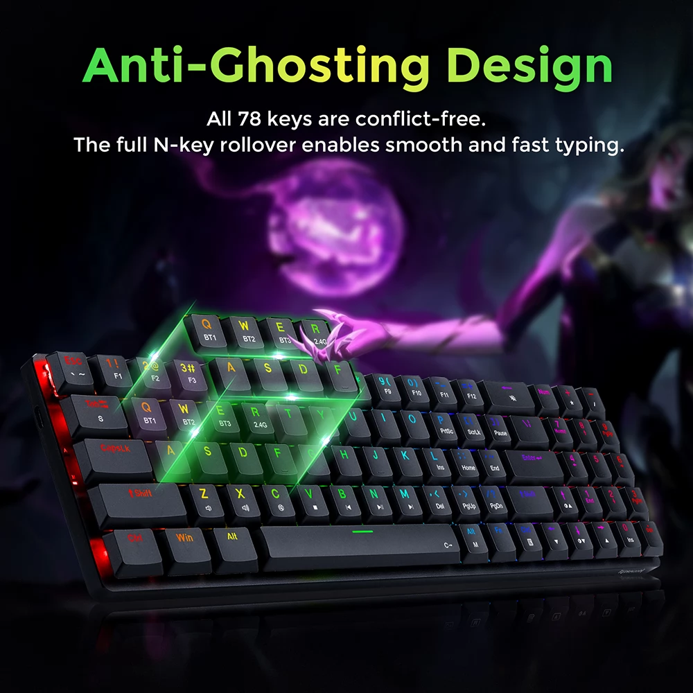 Redragon Ashe Pro K626P-KBS Mechanical Keyboard Tenkeyless 78 Keys Tri-Mode Connection USB Bluetooth Wireless RGB
