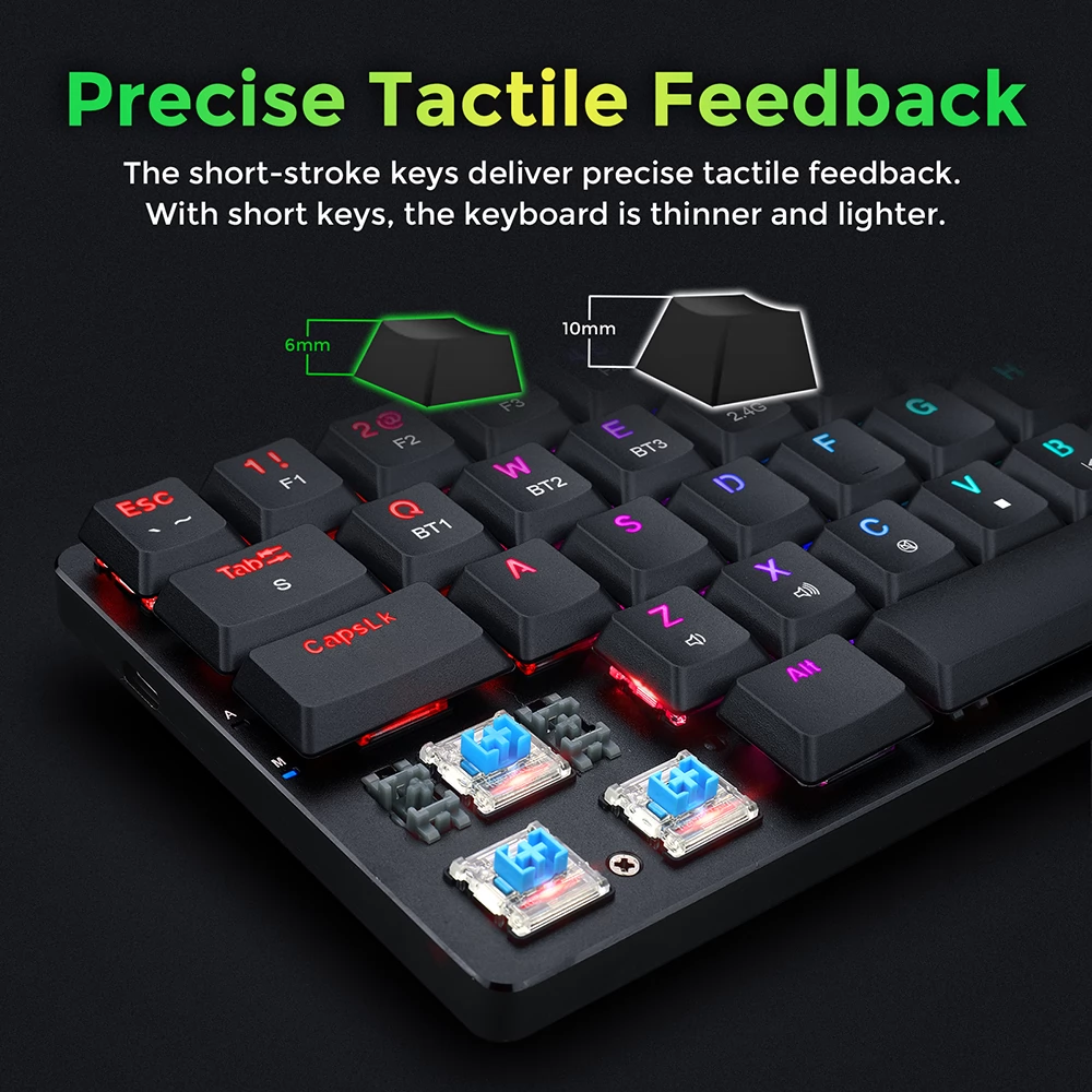 Redragon Ashe Pro K626P-KBS Mechanical Keyboard Tenkeyless 78 Keys Tri-Mode Connection USB Bluetooth Wireless RGB