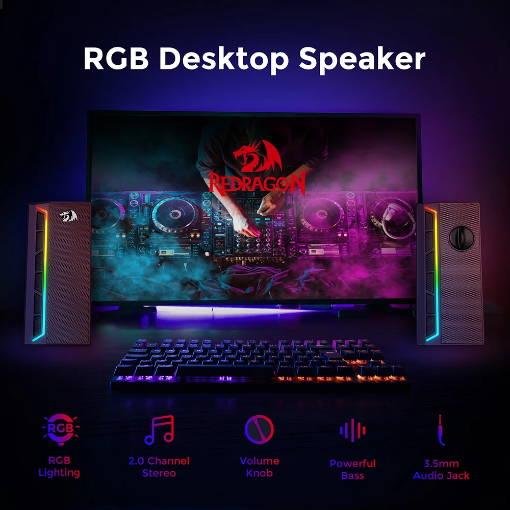 Redragon GS580 Calliope RGB Desktop PC Speakers, 2.0 Channel Enhanced Sound and Volume Control with 3.5mm Cable