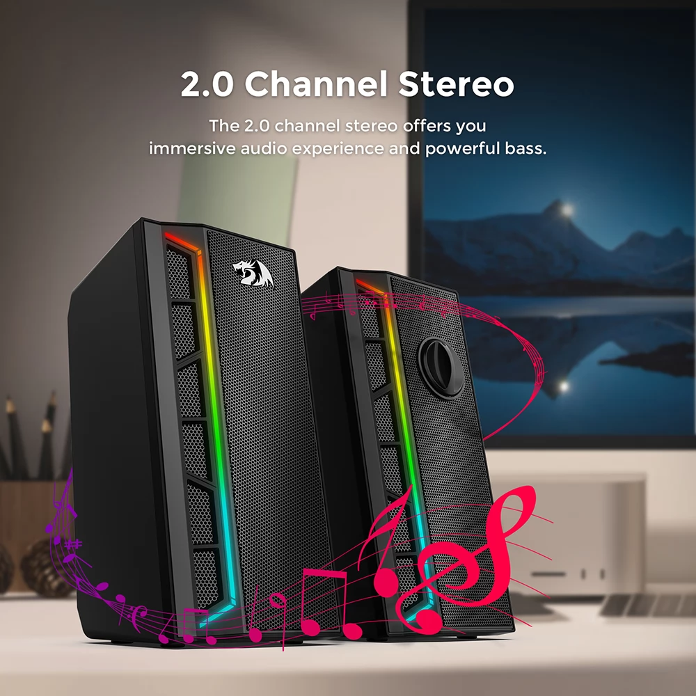 2 PCS Redragon GS580 Calliope RGB Desktop PC Speakers, 2.0 Channel Enhanced Sound and Volume Control with 3.5mm Cable