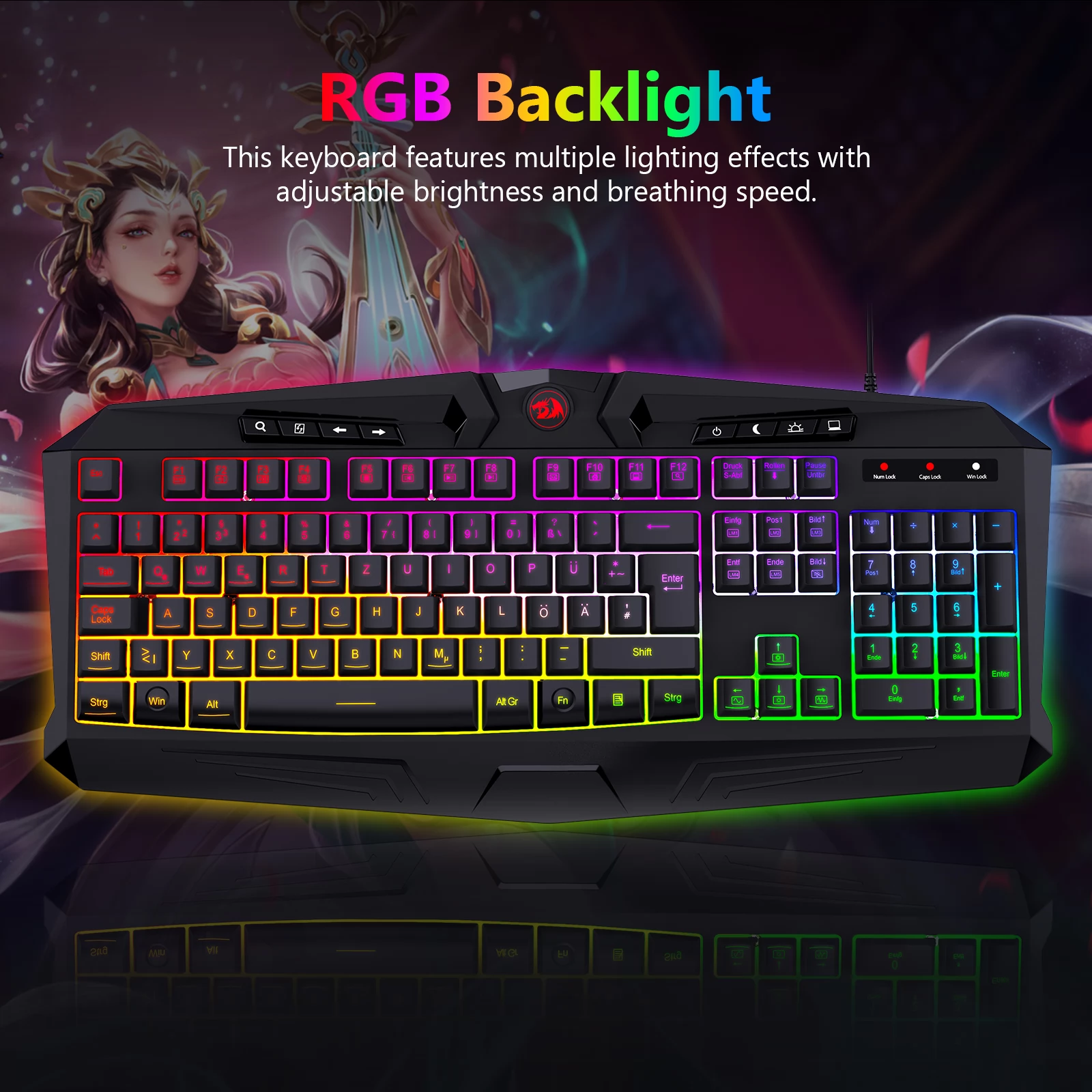 Redragon K503RGB leise Gaming-Tastatur mit Kabel, RGB-Hintergrundbeleuchtung mit Multimedia-Tasten, 105 Tasten DE QWERTZ-Layout