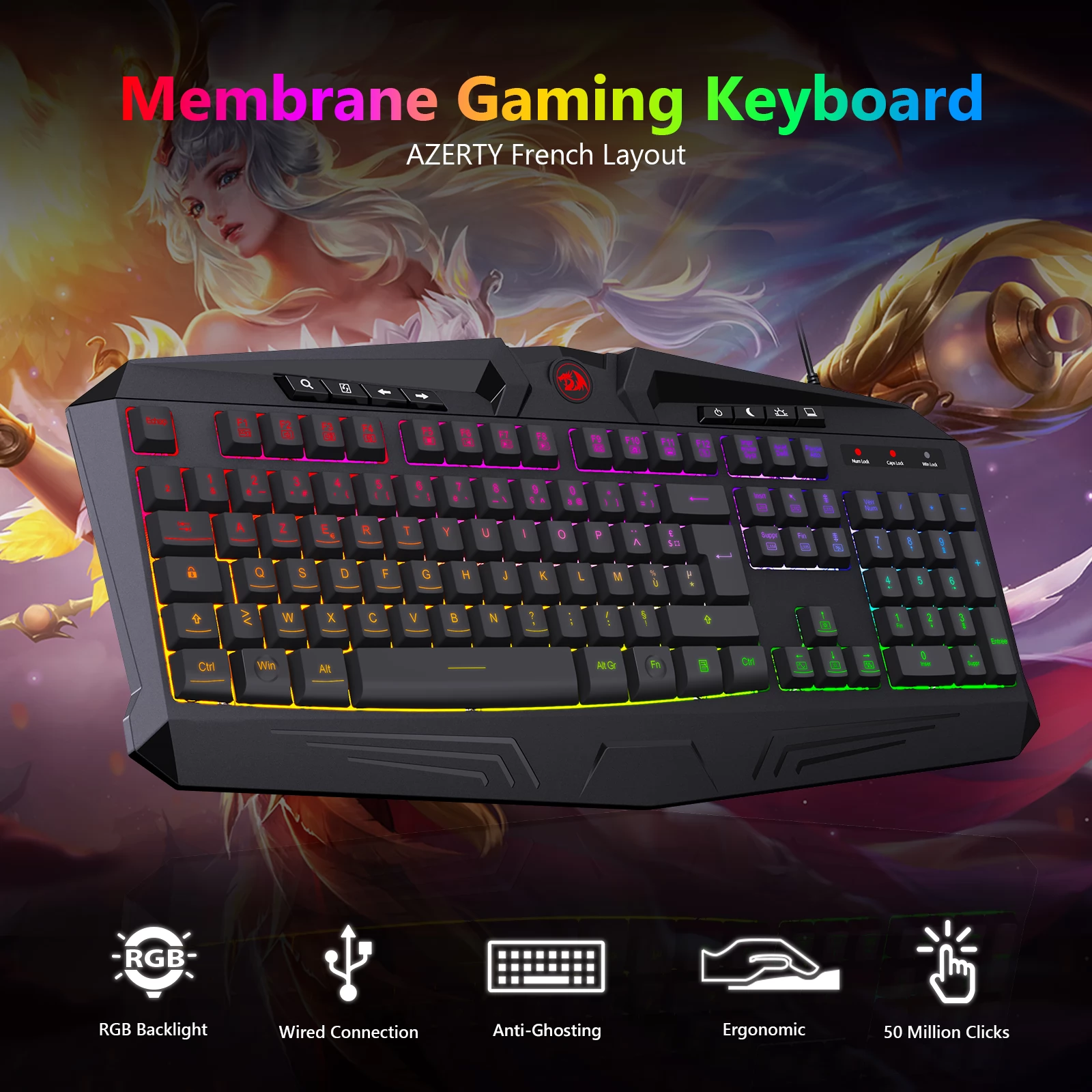 Redragon K503RGB Leise Gaming-Tastatur Mit Kabel, RGB-Hintergrundbeleuchtung Mit Multimedia-Tasten, 105 Tasten AZERTY FR-Layout