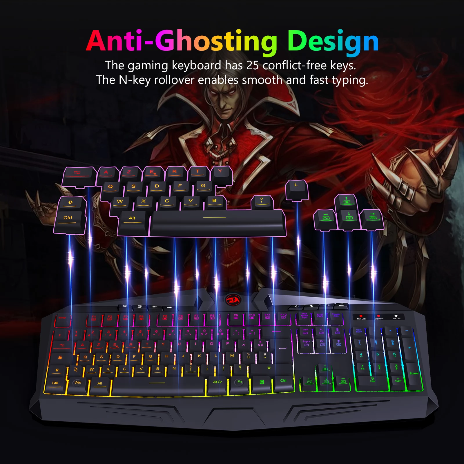 Redragon K503RGB Quiet Gaming Wired Keyboard, RGB Backlighting With Multimedia Keys, 105 Keys AZERTY FR Layout