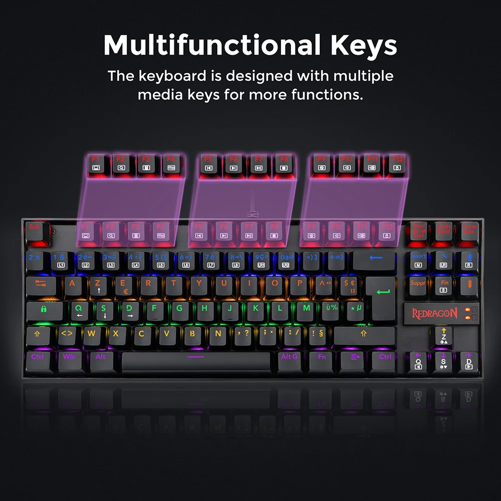Redragon K552 Rainbow Backlight TKL Mechanische Tastatur Kompakt 88 Tasten AZERTY FR Layout Roter Schalter