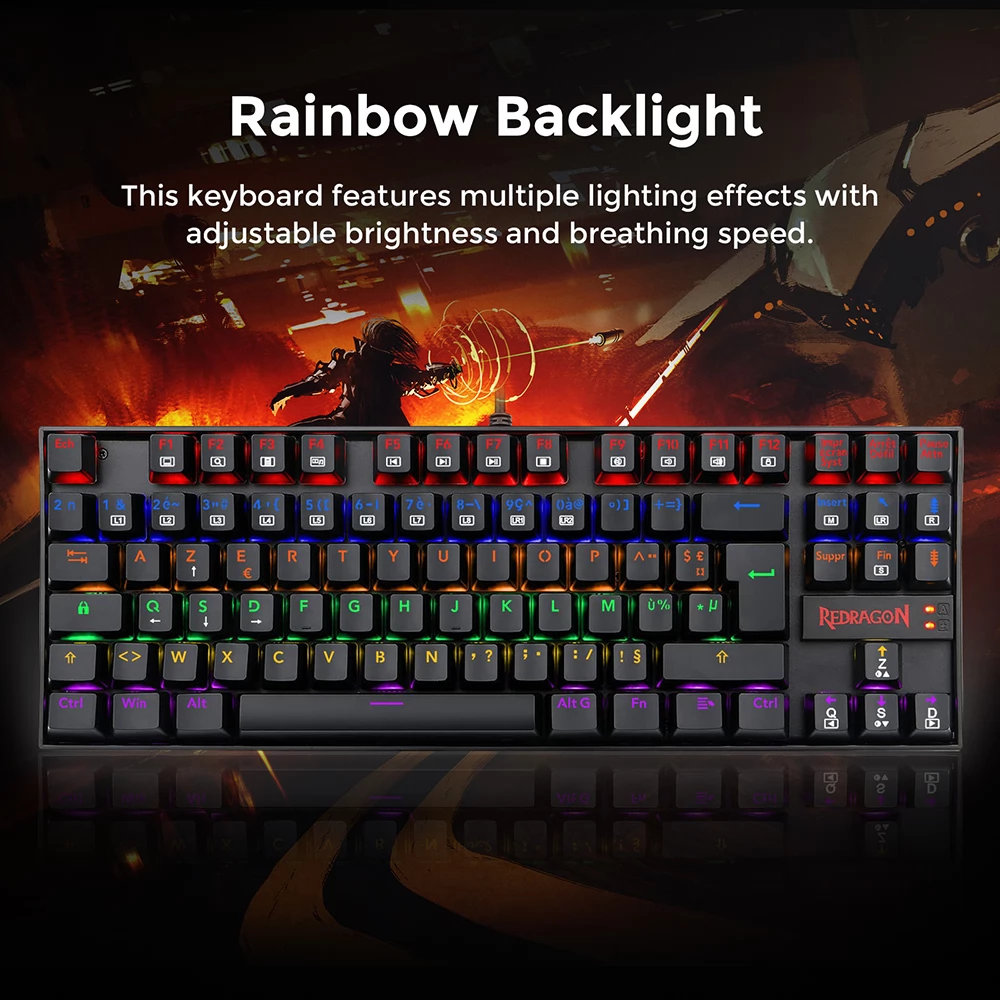 Redragon K552 Rainbow Backlight TKL Mechanische Tastatur Kompakt 88 Tasten AZERTY FR Layout Roter Schalter