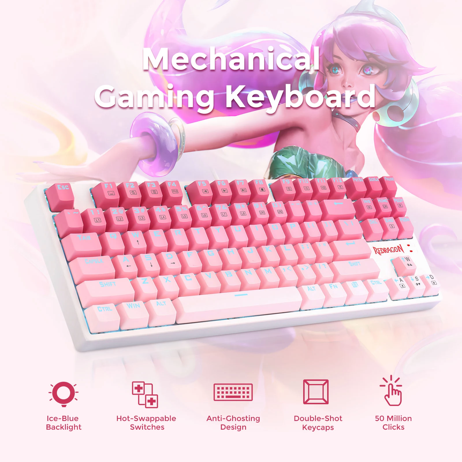 Redragon K576W-GP DAKSA TKL Kabelgebundene mechanische Tastatur 87 Tasten Gradient PBT Keycap Red Switch – Pink