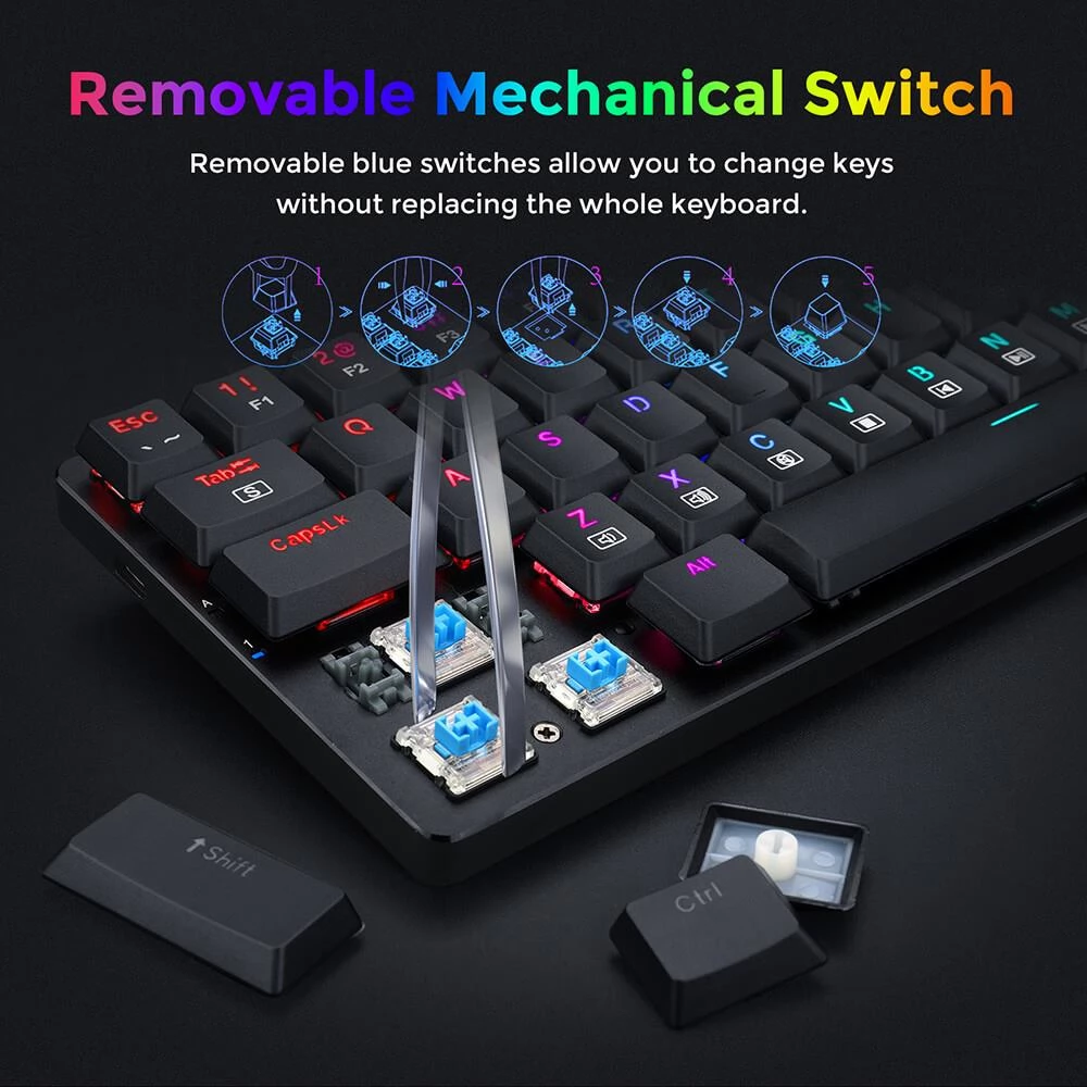 Redragon K626P-KB Ashe 78 Tasten Kabelgebundene mechanische RGB-Tastatur, ultradünn mit blauem Schalter