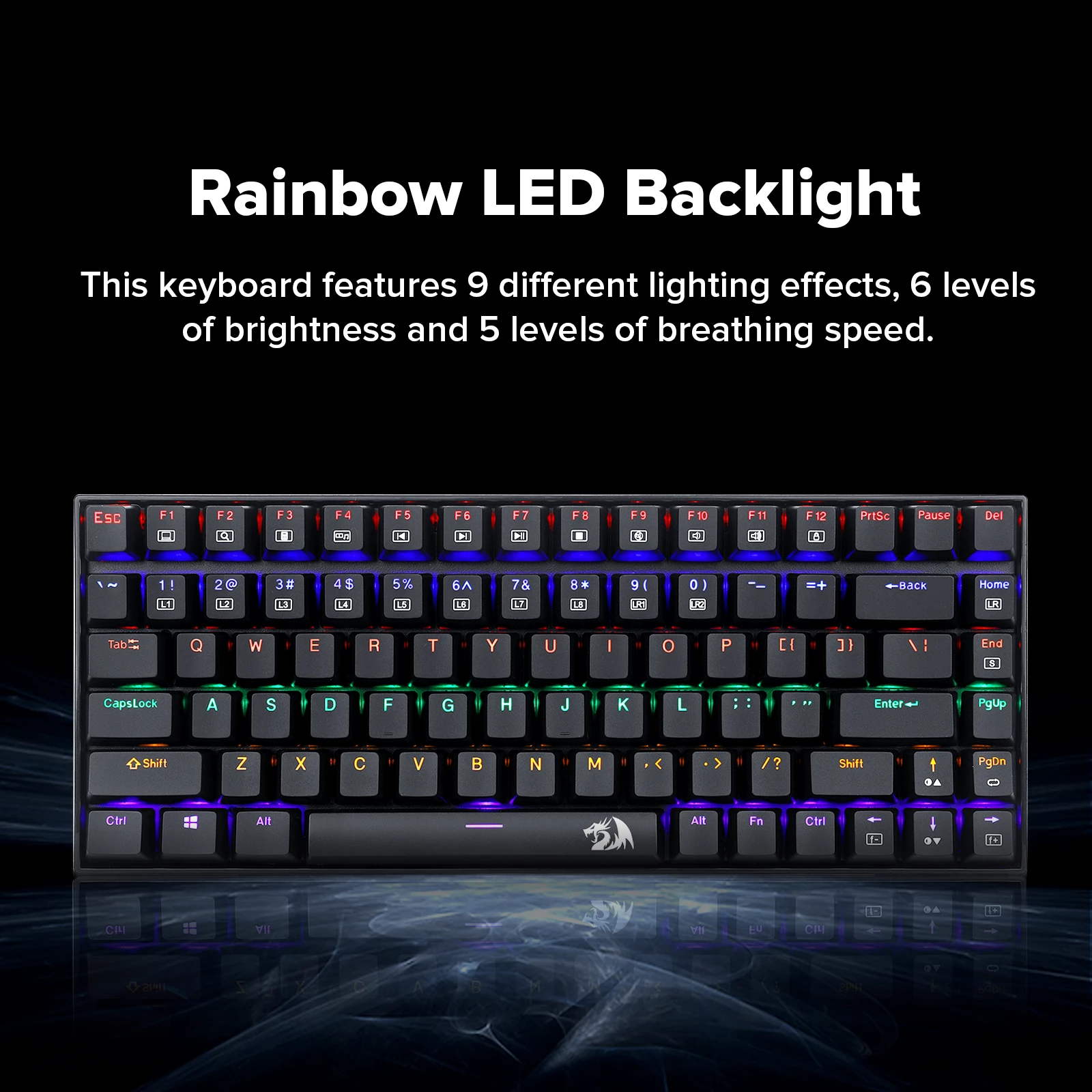 Redragon K629-KB 75% regenboog LED achtergrondverlichting Mechanisch Gaming toetsenbord 84 toetsen Blauw schakelaar