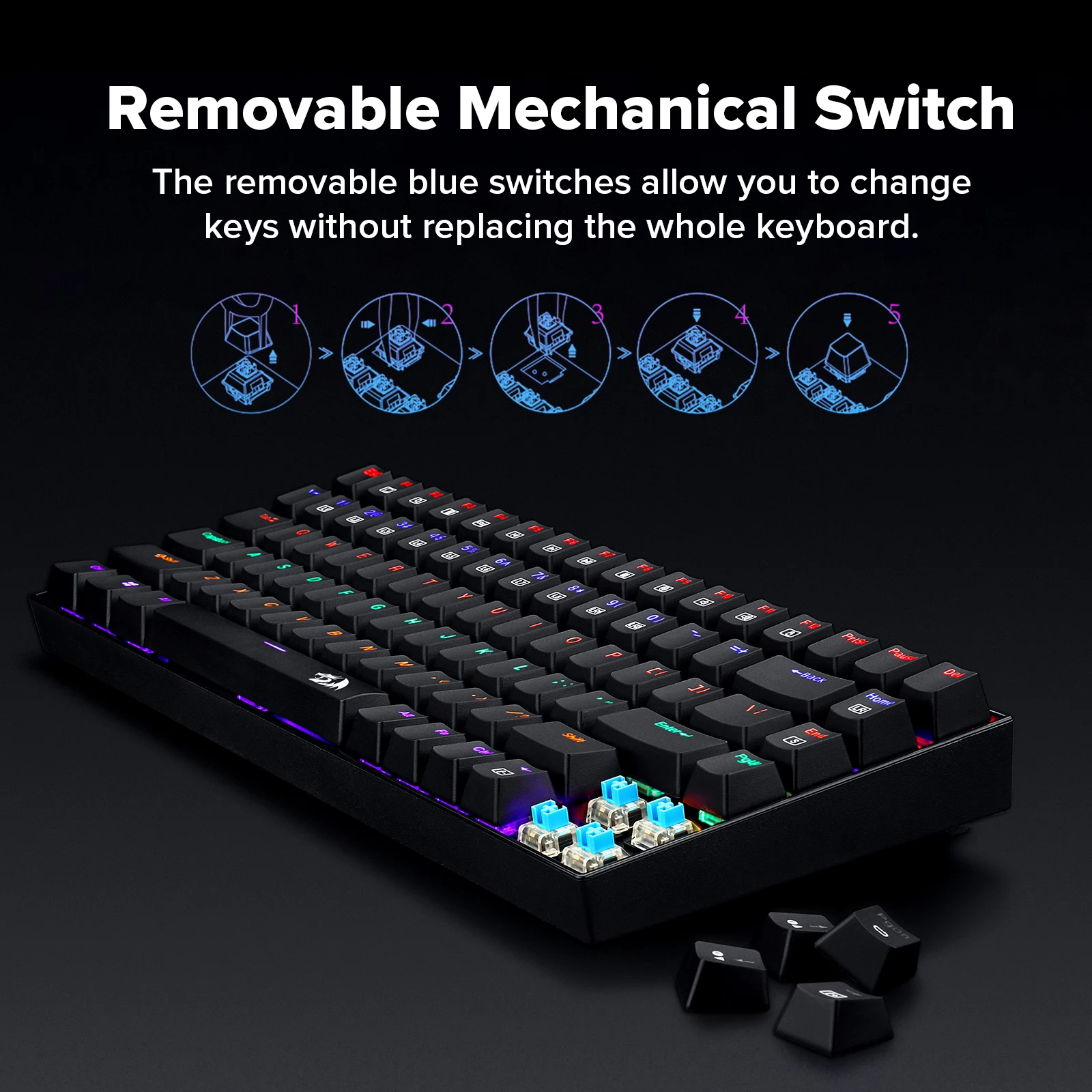 Redragon K629-KB 75% Rainbow LED Backlight Mechanical Gaming keyboard 84 key  Blue Switch