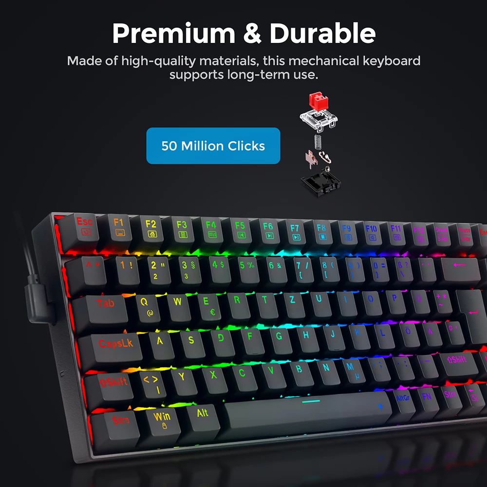 Redragon K629-RGB 75% Mechanische Gaming-Tastatur mit RGB & 84 Tasten Red Switch DE-Layout