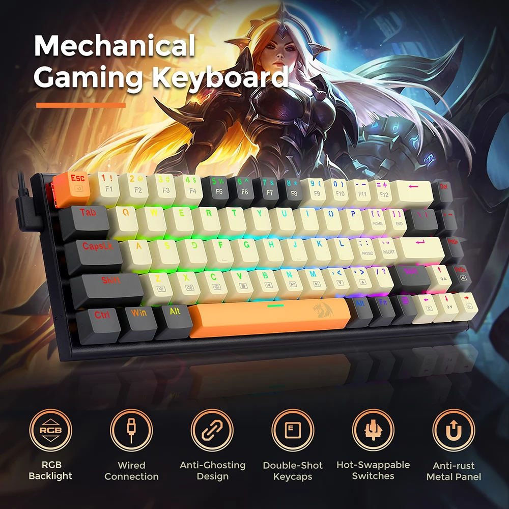 Redragon K633CGO-RGB Ryze Mechanische Gaming-Tastatur mit 68 Tasten,RGB-Hintergrundbeleuchtung & Roter Schalter -US / DE -Layout