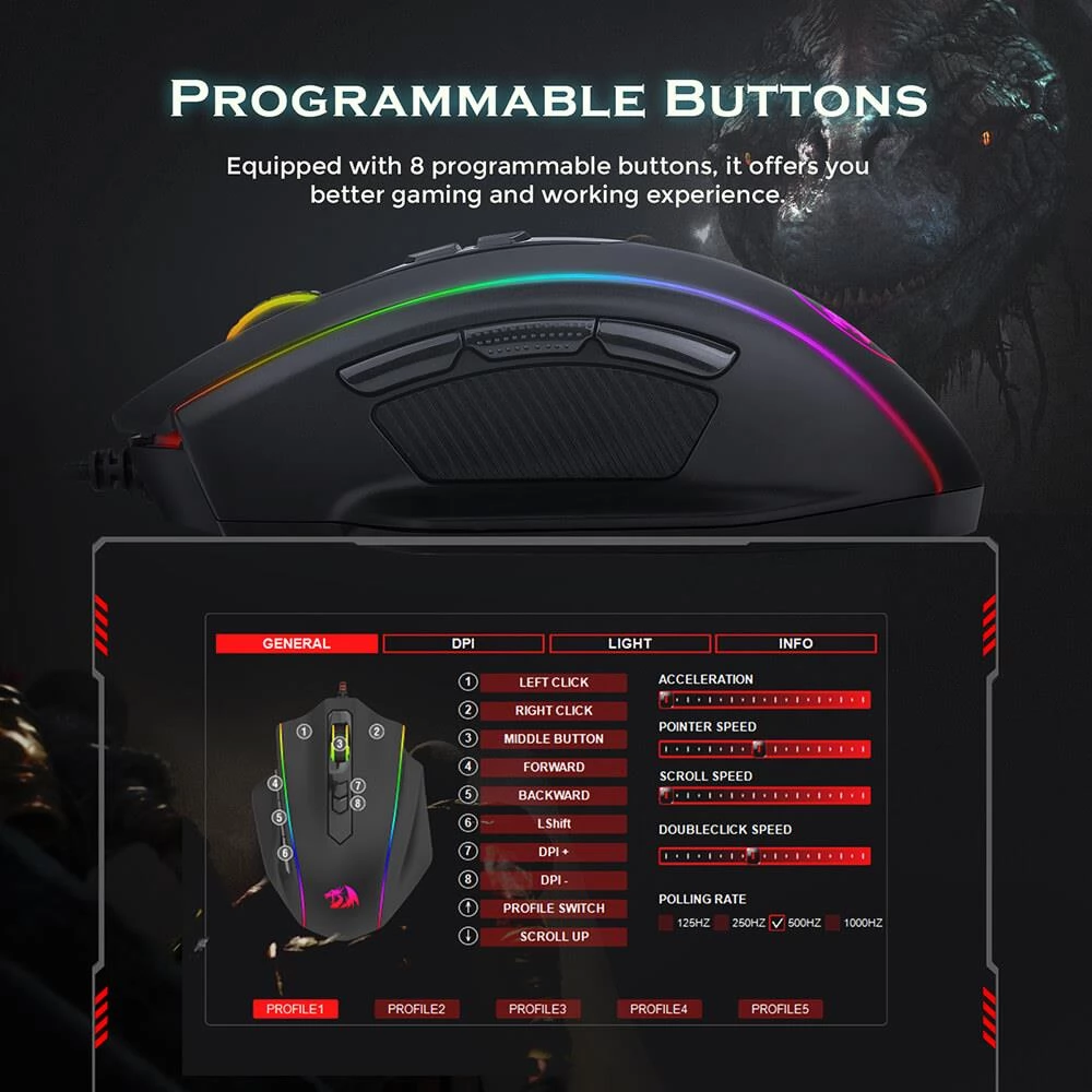 Redragon M720-RGB Vampire bedrade Gaming-muis, 10000 DPI, 8 programmeerbare knoppen, RGB-achtergrondverlichting - Zwart