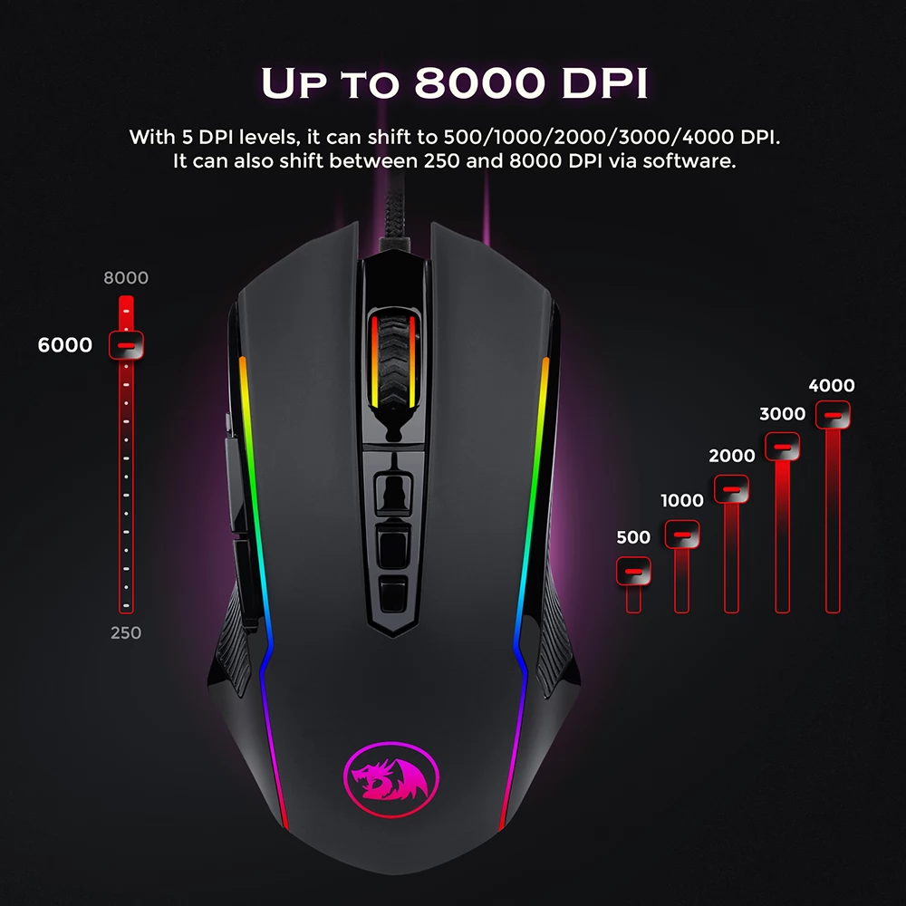 Redragon M910-K RGB Wired Gaming Mouse 8000 DPI 9 Programmable Buttons with Rapid-Fire Button