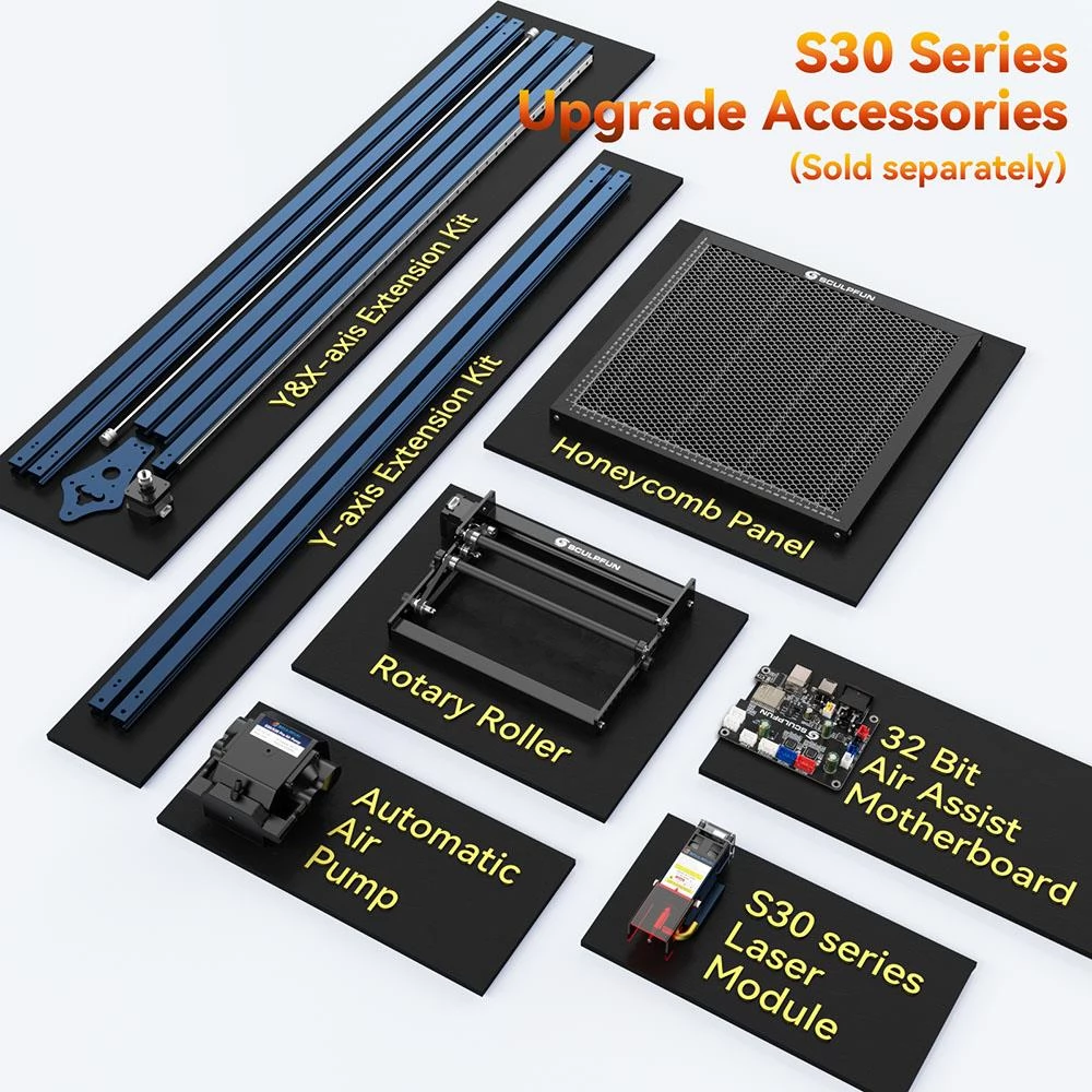 SCULPFUN S30 5W Laser Engraver Cutter, Automatic Air-assist, Replaceable Lens, 32-bit Motherboard, 410x400mm