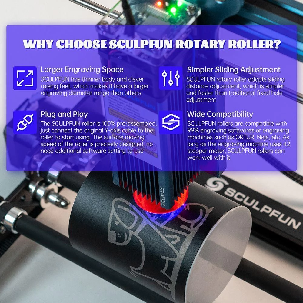 Sculpfun Laser Rotary Roller Laser Engraver Y-as Rotary met 360 ° roteren voor laser graveren cilindrische objecten blikjes