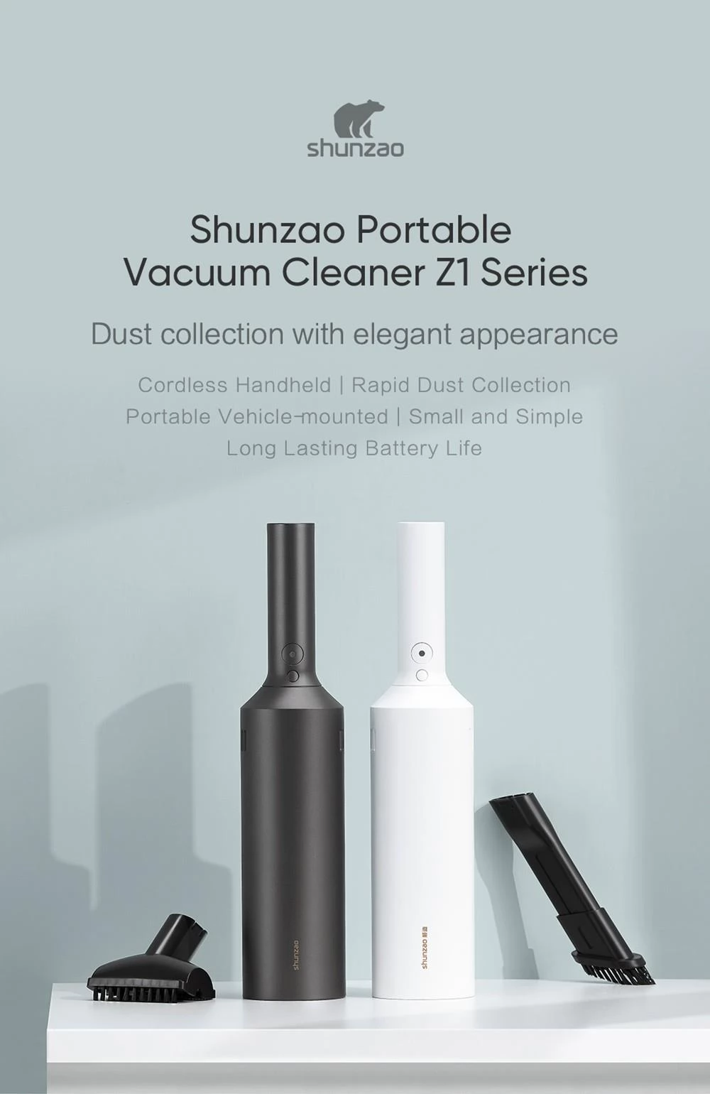 Shunzao Z1 Pro 15.5Kpa Suction Portable Handheld Car Vacuum Cleaner, 2-gear Speed, 0.1L Dust Cup, 2000mAh Battery