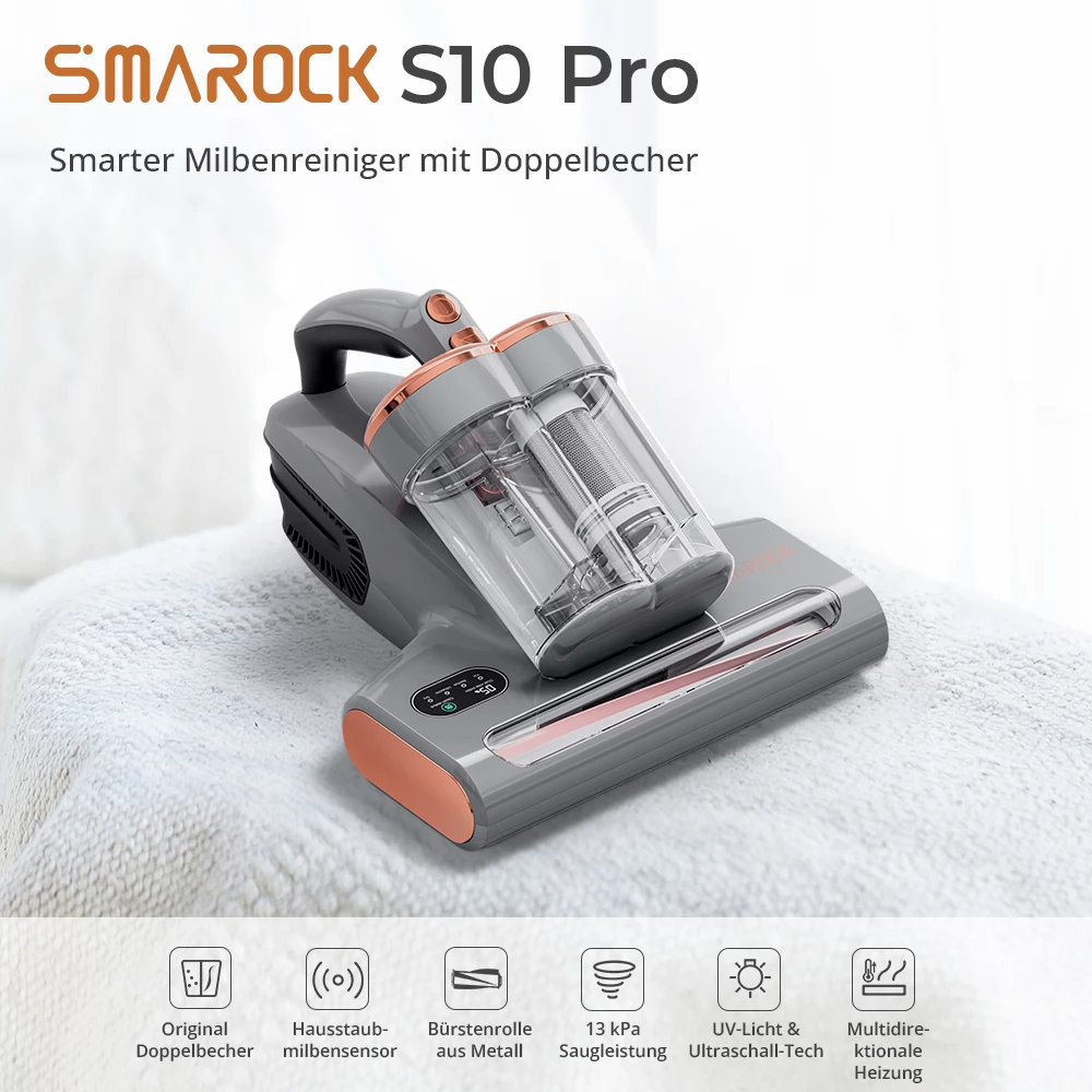 Smarock S10 Pro Smarter Milbenreiniger mit Doppelzylinder, 13 kPa Staubsauger, 500 W, Staubmilbensensor – EU