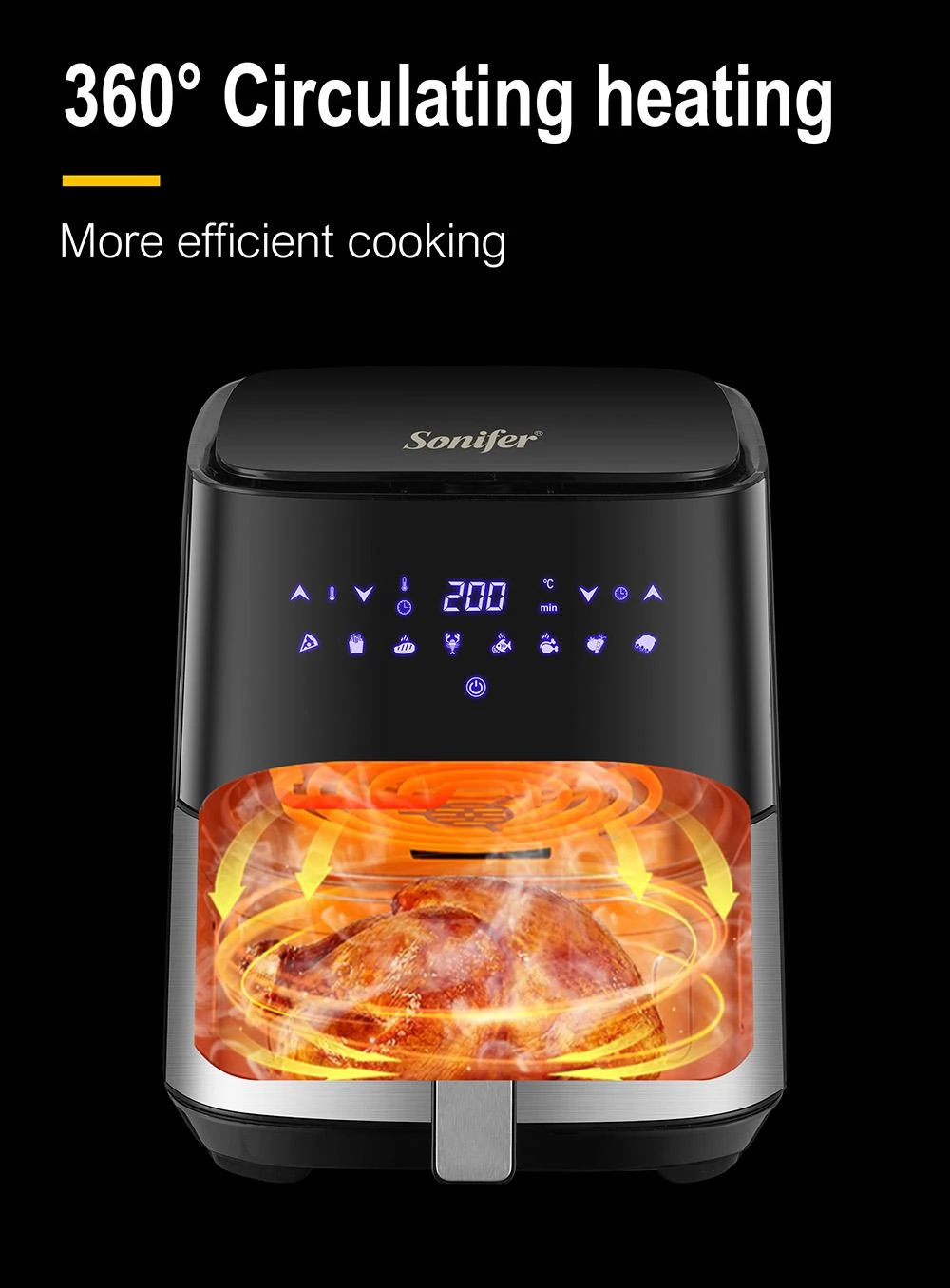 Sonifer SF1014 1450W 5L Air Fryer without Oil, LED Touchscreen, 360 Degree Baking, Electric Deep Fryer Nonstick Basket