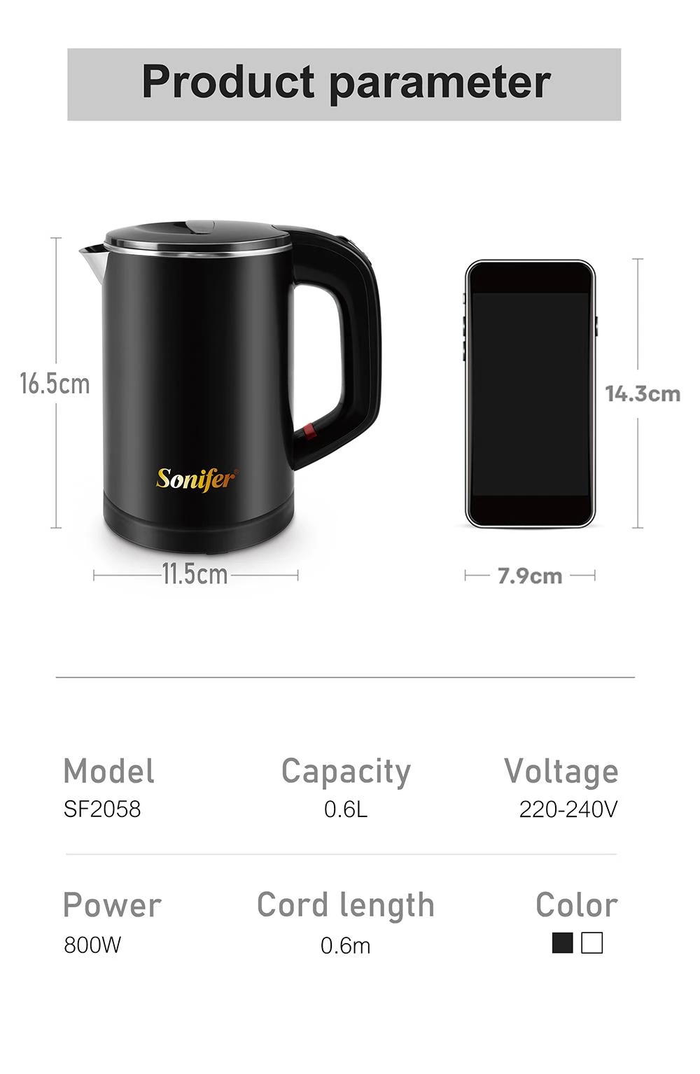 Sonifer SF2058 0.6L 800W kabelloser elektrischer Wasserkocher, Mini-Edelstahl tragbare Tee-Kaffee-Wasserkocher Topf für Reise