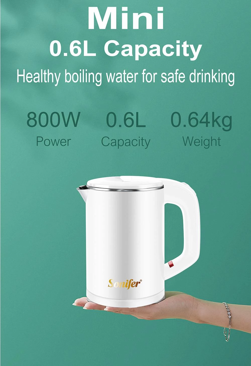 Sonifer SF2058 0.6L 800W Snoerloze Elektrische Waterkoker, Mini Roestvrij Staal Draagbare Thee Koffie Waterkoker Pot voor Reis