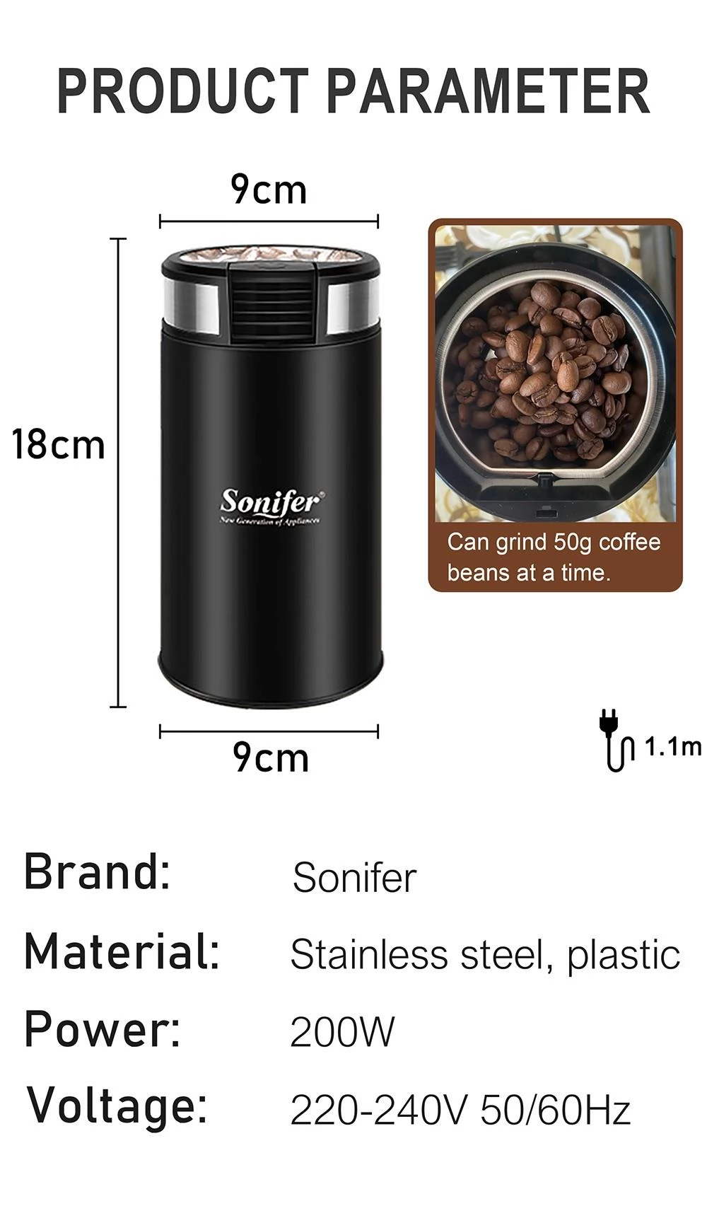 Sonifer SF3526 200W 50g Mini Elektrische Koffiemolen, Cafe Gras Noten Kruiden Korrels Peper Koffiebonen Maalmachine