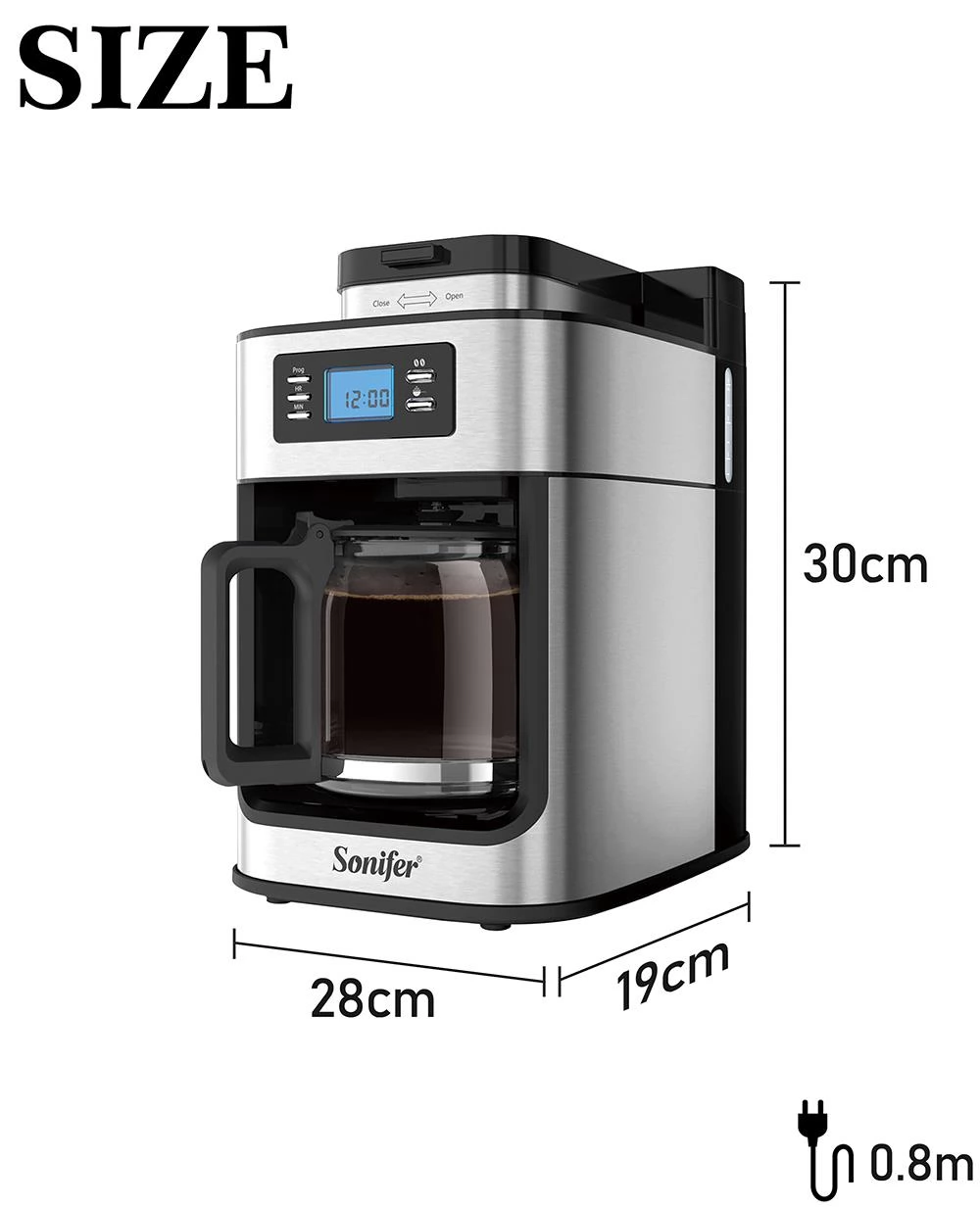 Sonifer SF3541 1050W 2-in-1 Drip Coffee Machine, 1200mL/10 Cups, Ground/Beans Coffee Maker, Digital Display, Keep Warm