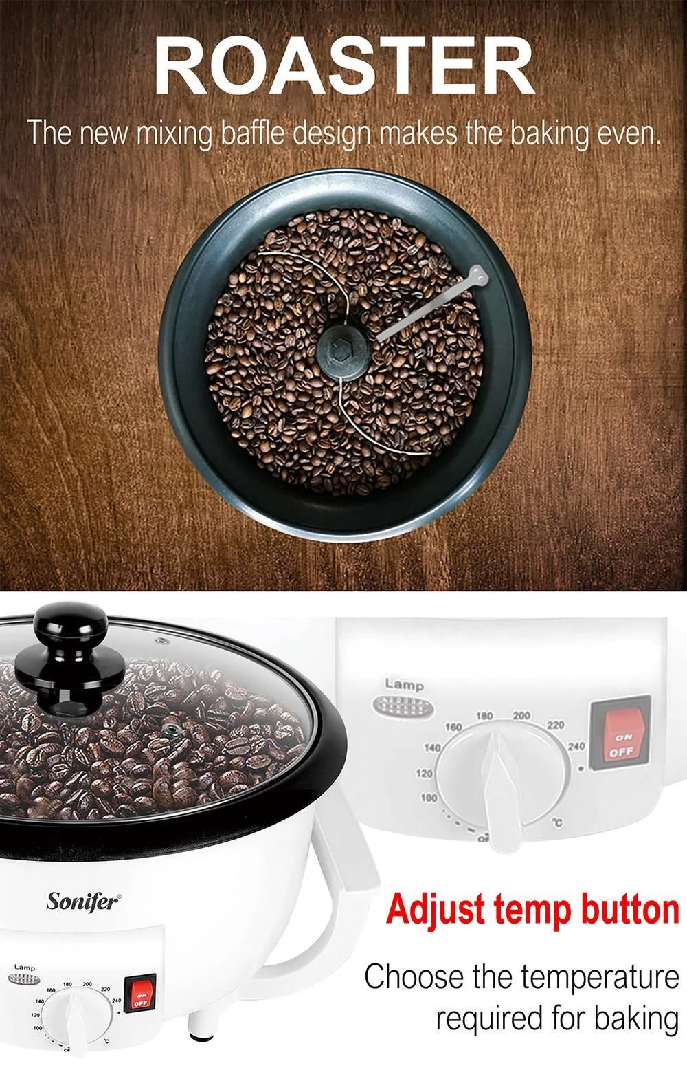 Sonifer SF3544 Elektrischer Kaffeebohnen-Röster, 750 g Kapazität, Kaffee-Erdnussbohnen-Backofen, Popcorn-Maker