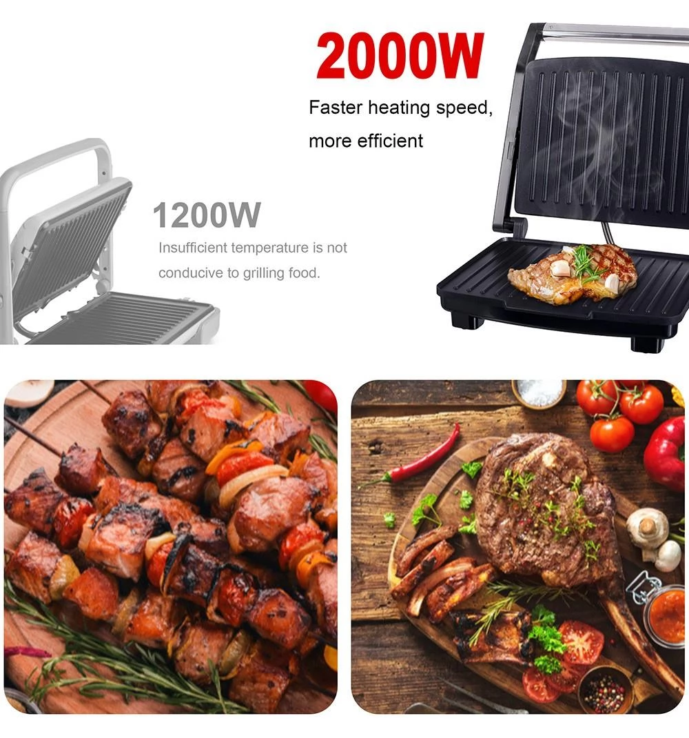 Sonifer SF6012 2000W Elektrisch contactgrill, rookloos bakken 90 graden open BBQ -bakplaat, Panini Press Barbecue Griddle