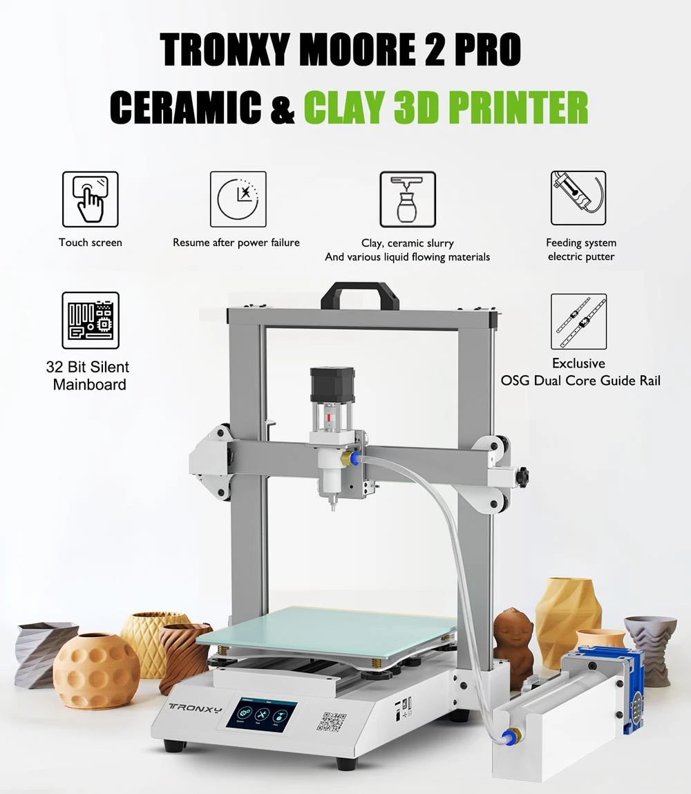 TRONXY Moore 2 Pro Ceramic Clay 3D-Drucker mit Zuführungssystem, elektrischer Putter, LDM-Extruder, 255 x 255 x 260 mm