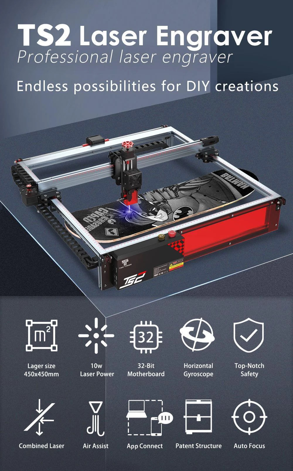TWO TREES TS2 10W Laser Engraver Cutter, Auto Focus, 32Bit Mainboard, APP Control, Offline Engraving, 450mm*450mm