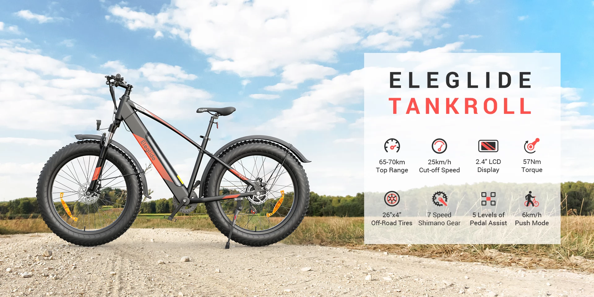 Eleglide Tankroll Electric Bike, 250W Motor, 57Nm Torque, Shimano Derailleur, 26 Inch Fat Tires