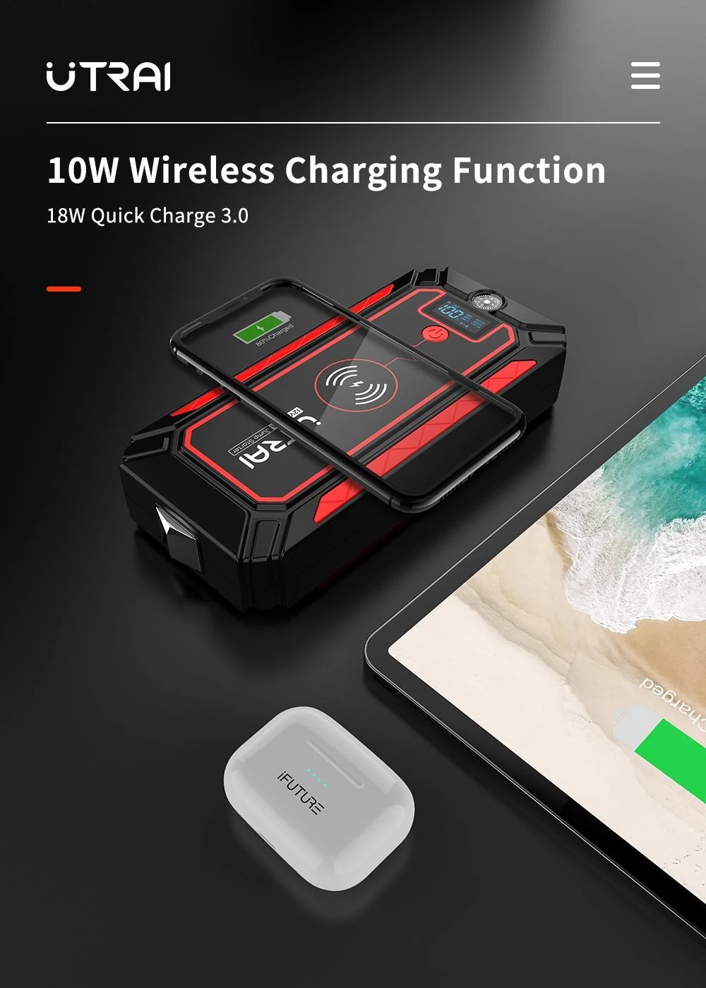 UTRAI Jstar 4 24000mAh 2500A Car Jump Starter with 10W Wireless Charging Function, Start Up To 8.0 L GAS Or 7.5 L DIESEL Engine