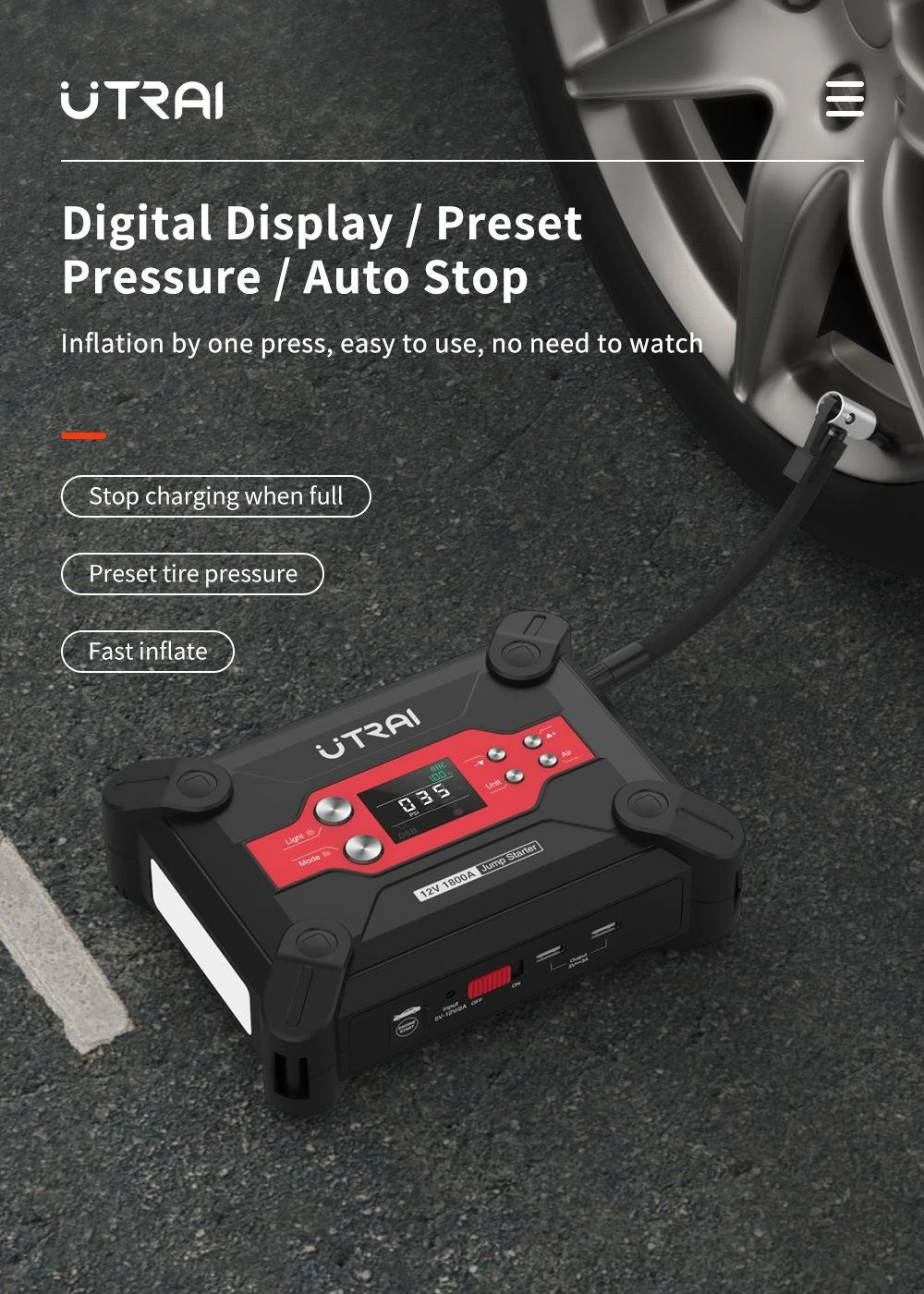 UTRAI Jstar 6 24000mAh 1800A 4-in-1 Car Jump Starter With 120 PSI Air Compressor, Start Up To 7.0 L GAS Or 6.0 L DIESEL Engine