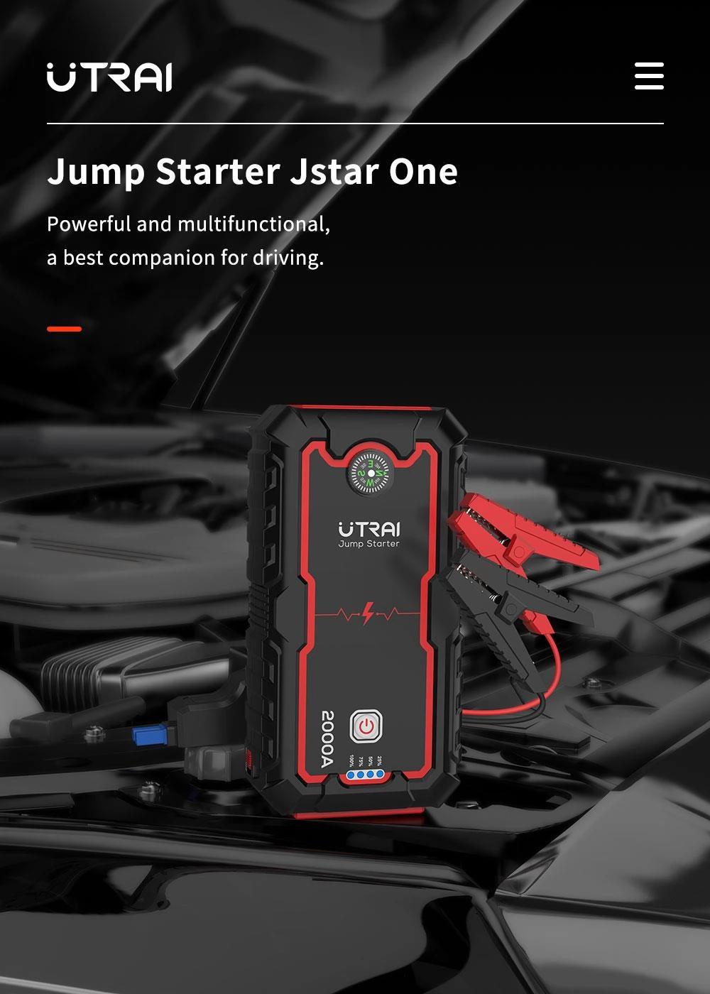 UTRAI Jstar One 22000mah 2000a Batterijsprongstarter, batterijladersprongpakket, start tot 8.0l gas of 7,5 lie dieselmotor