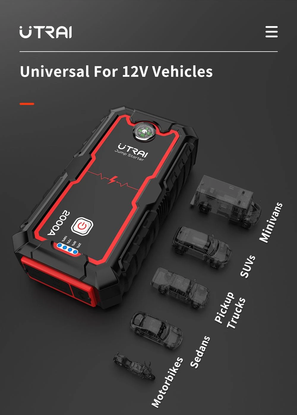 UTRAI Jstar One 22000mah 2000a Batterijsprongstarter, batterijladersprongpakket, start tot 8.0l gas of 7,5 lie dieselmotor