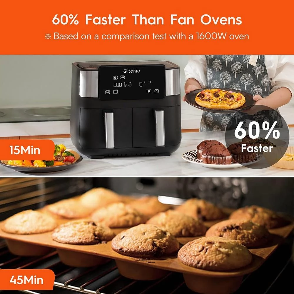 Ultenic K20 Dual Basket Air Fryer, 8L Capaciteit, Dubbele Onafhankelijke Kookzone, 100 Online Recepten, Digitaal Display