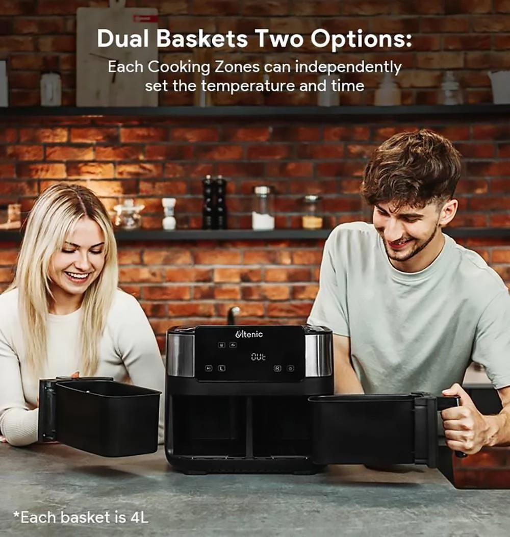 Ultenic K20 Dual Basket Air Fryer, 8L Capaciteit, Dubbele Onafhankelijke Kookzone, 100 Online Recepten, Digitaal Display
