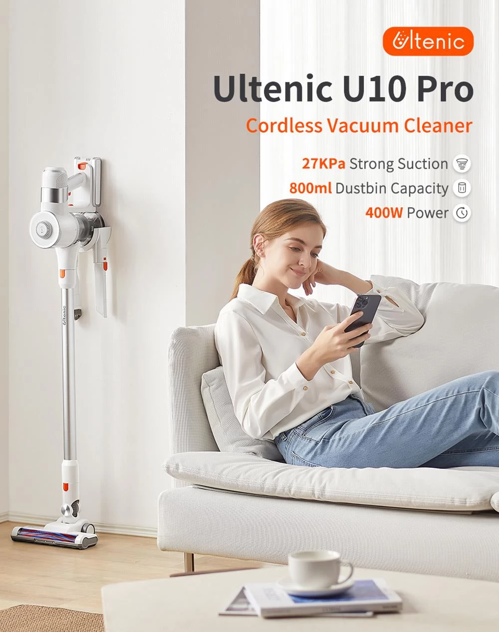 Ultenic U10 Pro snoerloze stofzuiger, 400W 27Kpa maximale zuigkracht, 5-laagse filtratie, 115000rpm Snelheidsmotor