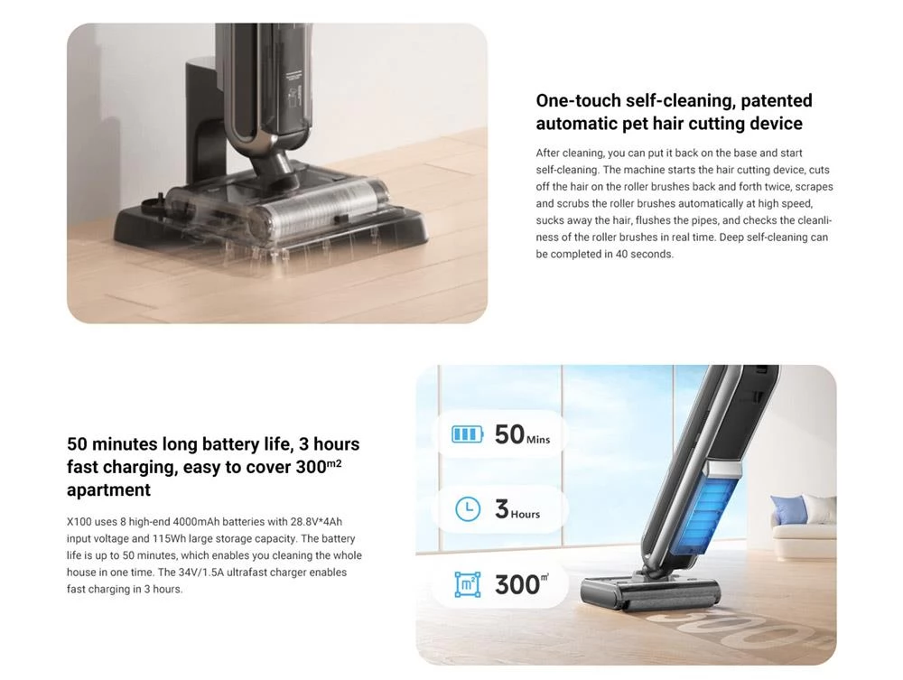 Uwant X100 Akku Nass- & Trockensauger mit 600ml 4000mAh mit intelligenter Schmutzerkennung, Doppelwalzenbürste (EU)