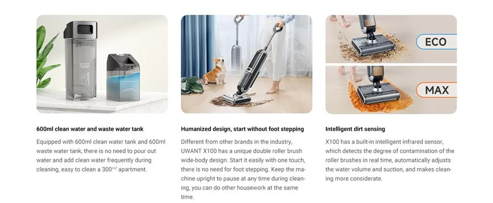 Uwant X100 Akku Nass- & Trockensauger mit 600ml 4000mAh mit intelligenter Schmutzerkennung, Doppelwalzenbürste (EU)