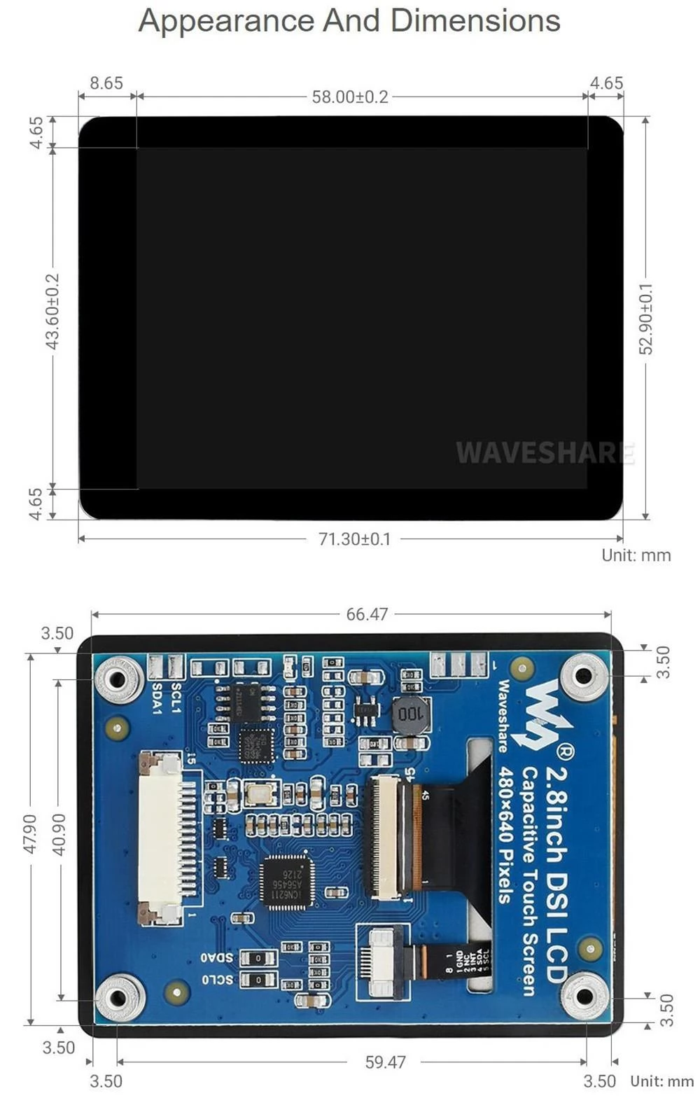 Waveshare 2,8inch capacitieve touch display voor Raspberry Pi, 480*640, DSI, IPS, optische hechting scherm
