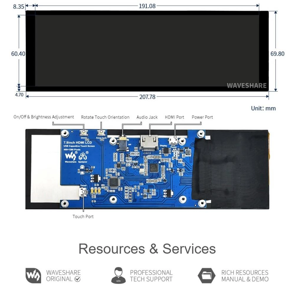 Waveshare 7.9inch LCD Capacitive Touch Screen, 400*1280 Resolution, HDMI, IPS, Toughened Glass Cover