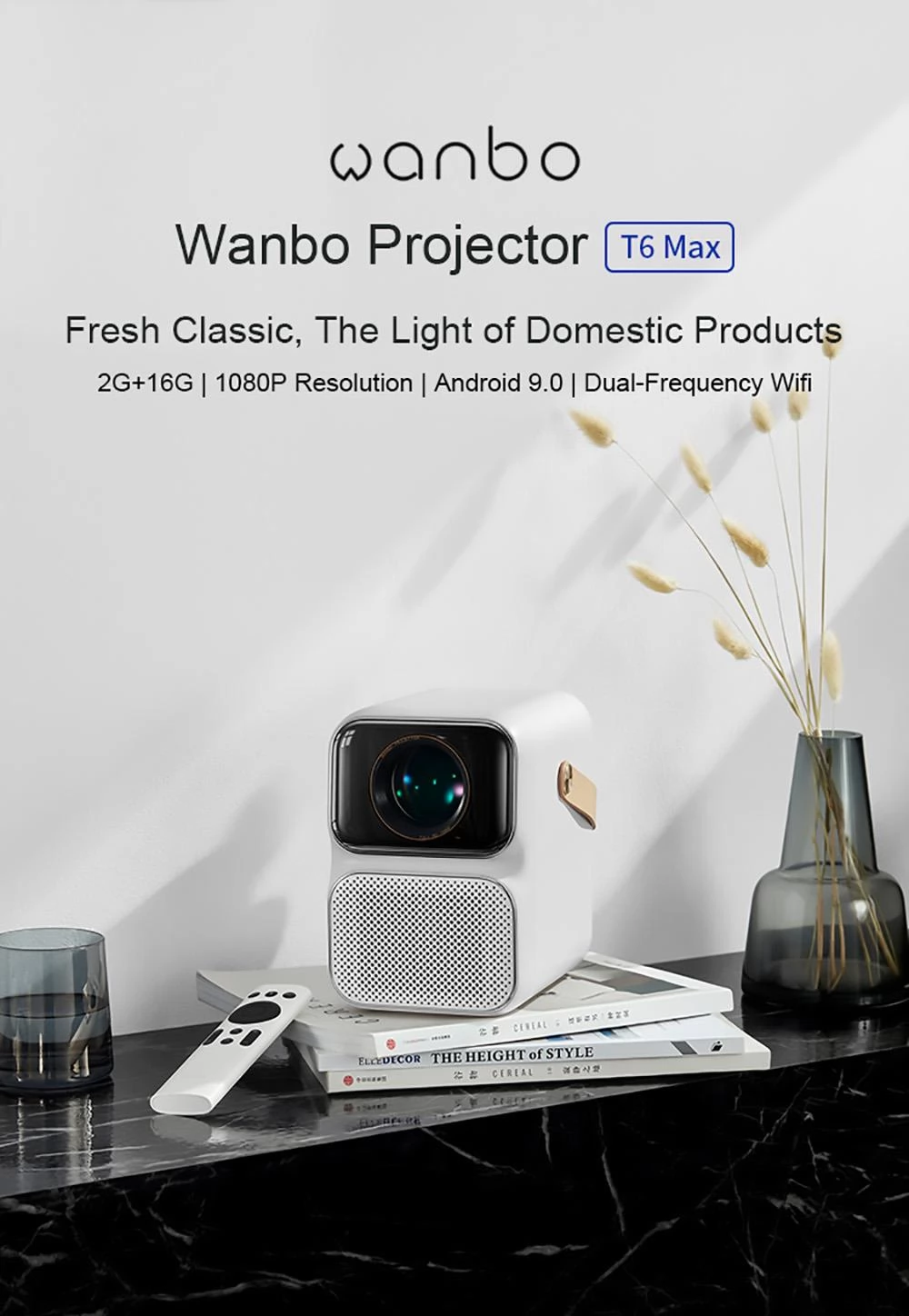 Wanbo T6 MAX Mini Projector, 1080P Full HD with HDR 550 ANSI, Auto Focusing, EU Plug