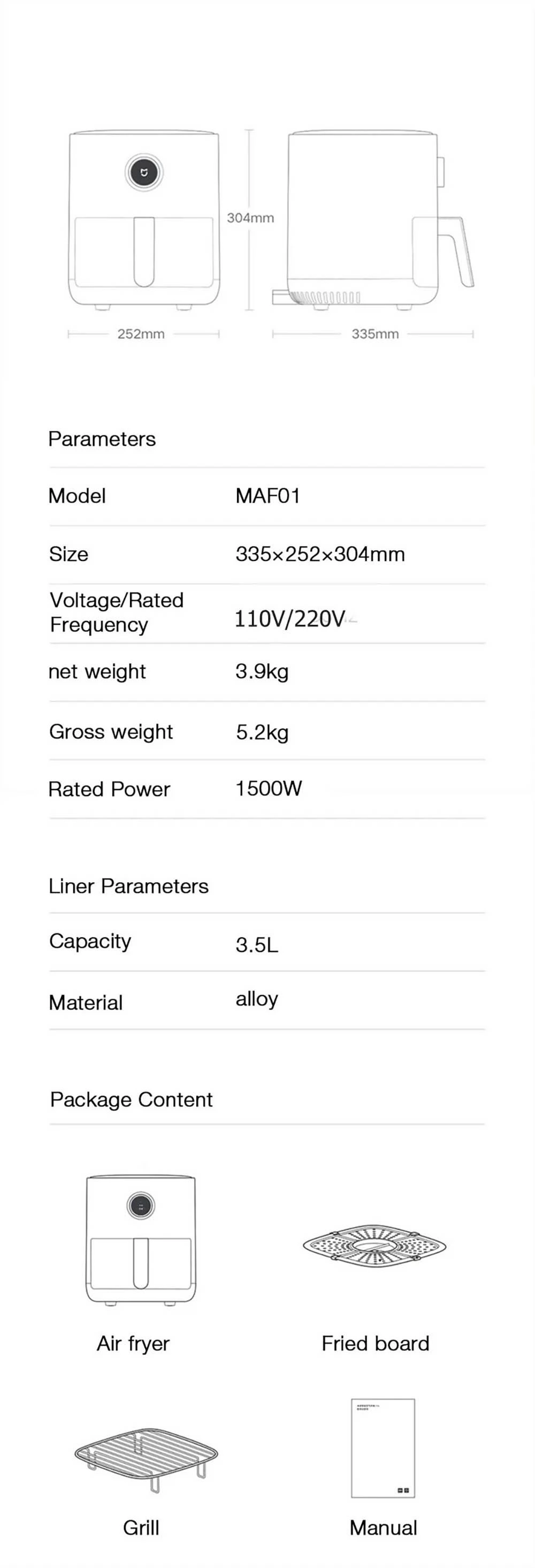Xiaomi Mijia MAF01 1500W 3.5L Air Fryer, 360 Degree Hot Air Circulation Oven Cooker, Oil Free, App Control, OLED Screen