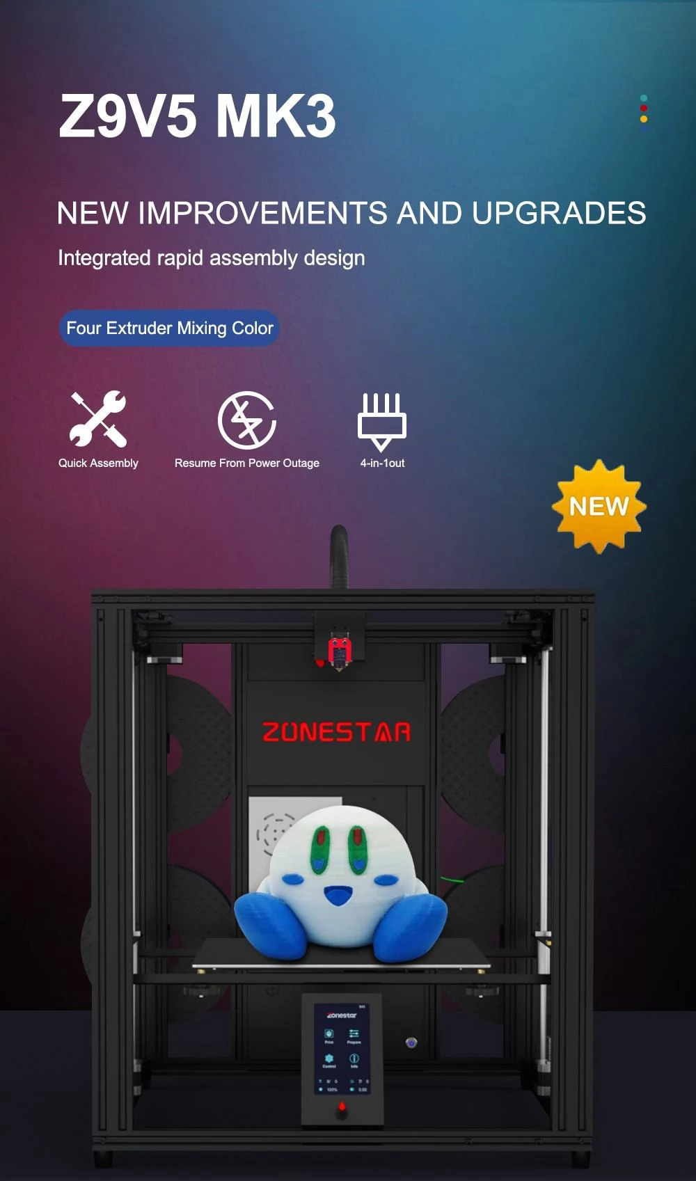 Zonestar Z9V5 MK3 3D Printer Auto Leveling Adjustable 4 Extruder Design Mix-Color Printing  Resume Printing 300x300x400mm