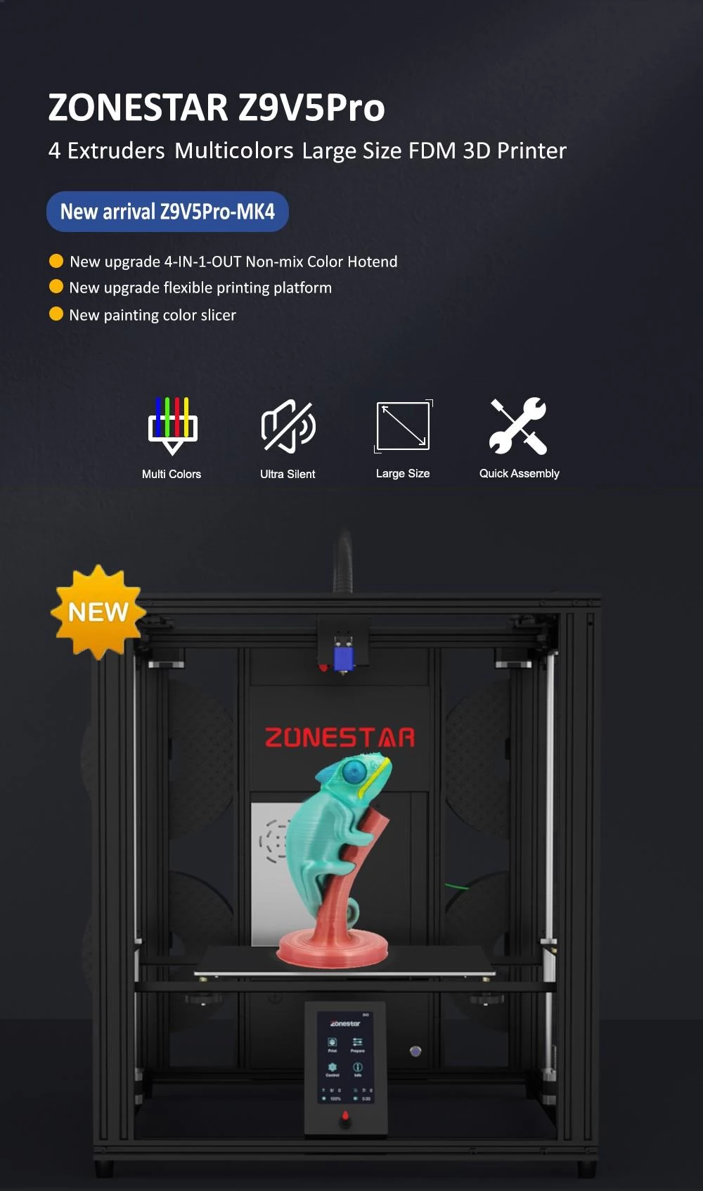 Zonestar Z9V5Pro-MK4 4 Extruders 3D Printer, Auto Leveling, 32 Bit Control Board, 300x300x400mm