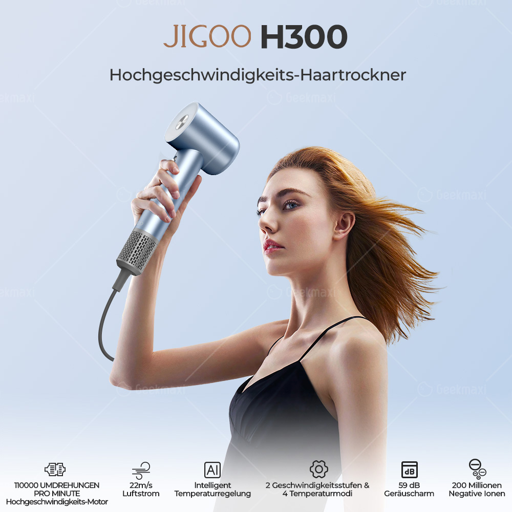JIGOO H300 1600W Hochgeschwindigkeits-Haartrockner, föhnt mittellanges Haar in drei Minuten, 59 dB Geräuscharm