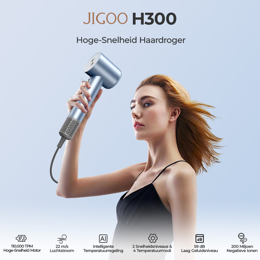 JIGOO H300 1600W Hoge-Snelheid Haardroger, droogt halflang haar in drie minuten, 59 dB laag geluidsniveau